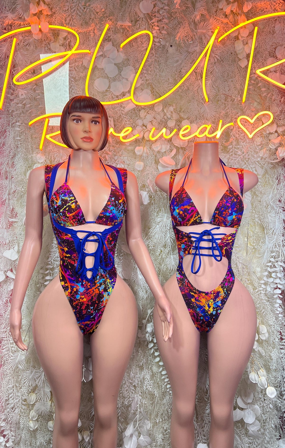 Paint-splatter dance bodysuit, blue with multicolor splashes, V neck and lace-up cutout