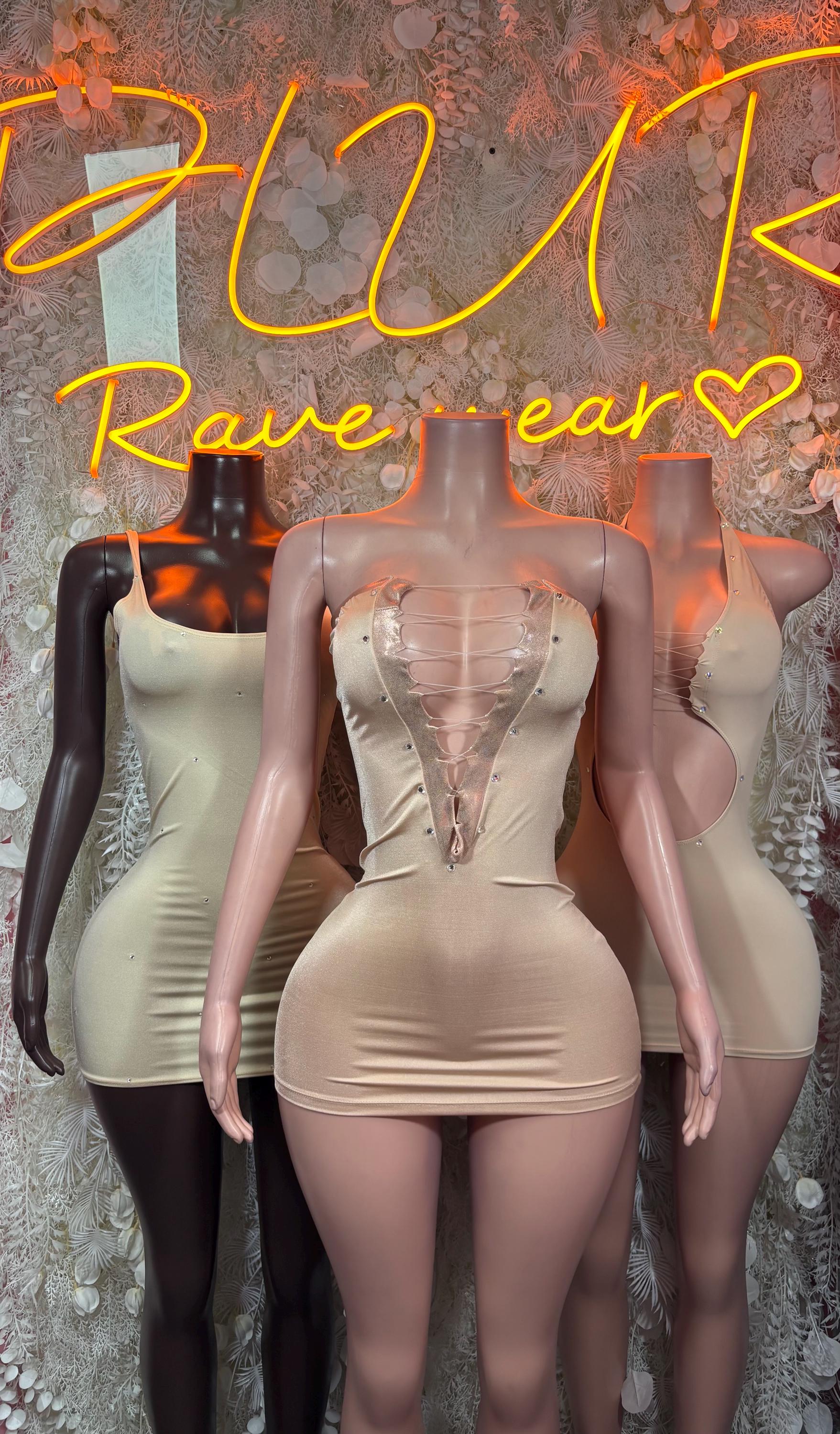 Nude Metallic Strapless Mini Dress Lace Up Front Rhinestone Bodycon Rave Festival Clubwear Exotic Dance