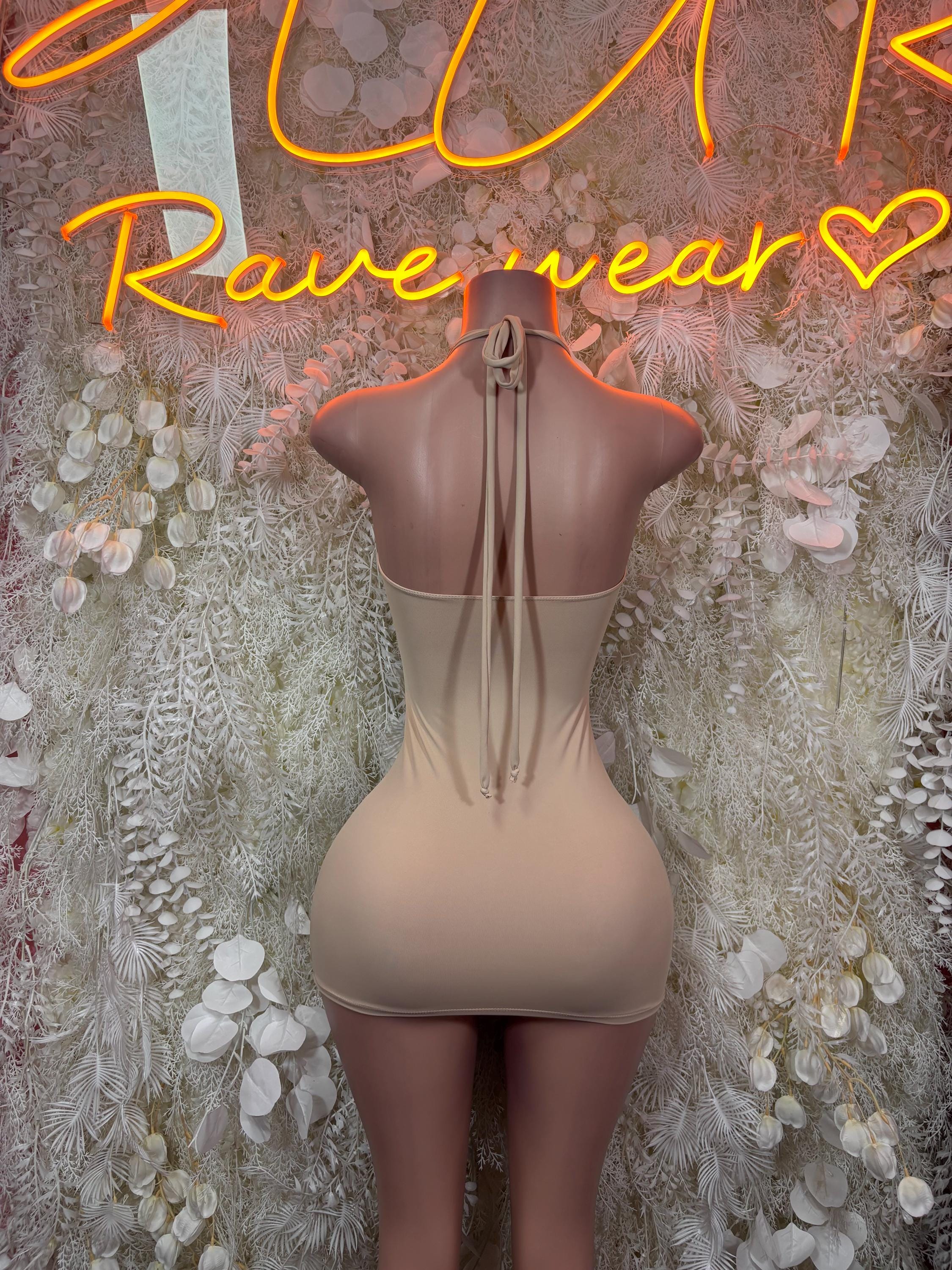 Nude Metallic Halter Mini Dress Side Cutout Rhinestone Bodycon Rave Festival Clubwear Exotic Dance
