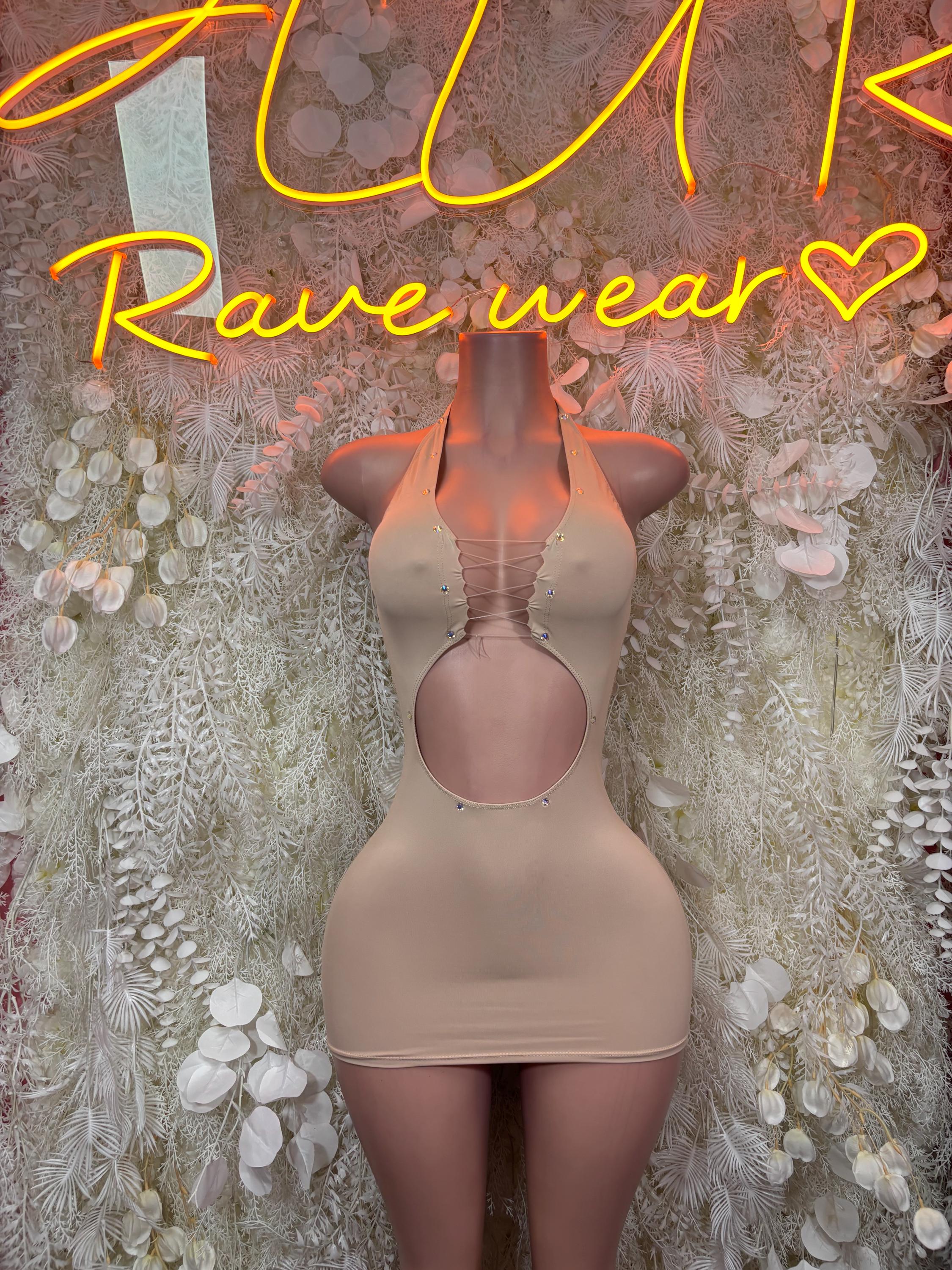 Nude Metallic Halter Mini Dress Side Cutout Rhinestone Bodycon Rave Festival Clubwear Exotic Dance