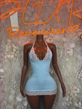 Light blue lace-trim dance dress with V neckline, ruched cups, and mini hem