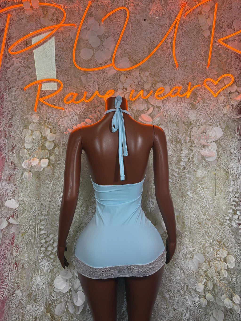 Back-view light blue dance dress with lace trim and neck tie bow