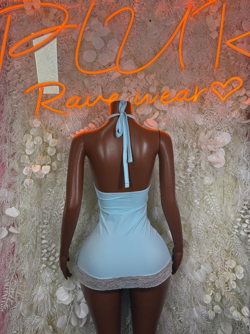 Back-view light blue dance dress with lace trim and neck tie bow