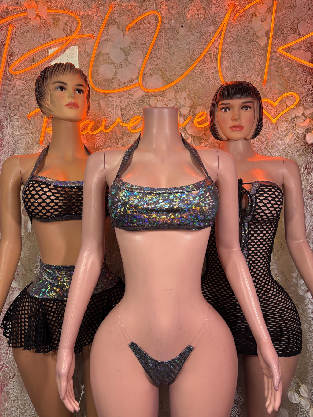 Black holographic halter bikini set with clear straps and micro thong, front view