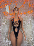 Black glossy lace-up one-piece bodysuit with sweetheart neckline