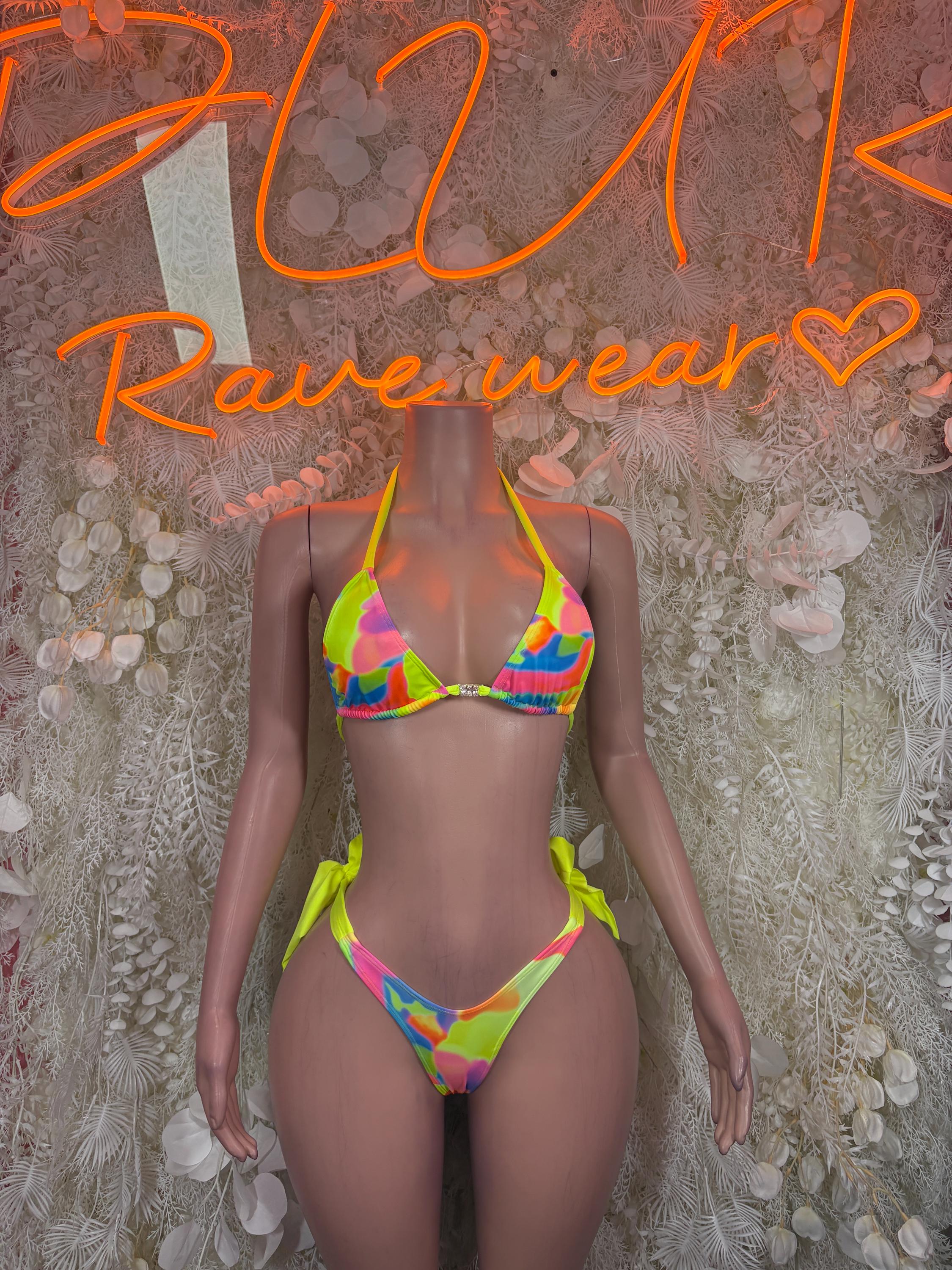 Neon Trippy Matching Bikini Set – Rave Festival Clubwear Exotic Dance Outfit