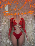 Bottlegirl red long-sleeve bodysuit with lace-up V-neck and tie-front