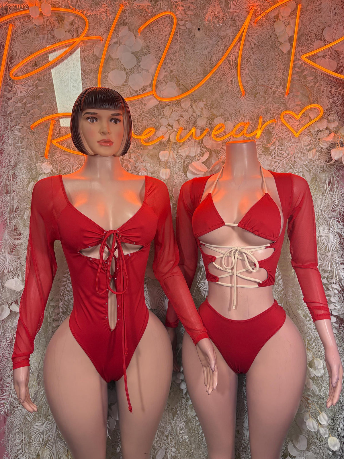 Bottlegirl red long-sleeve bodysuit with lace-up front and underbust tie