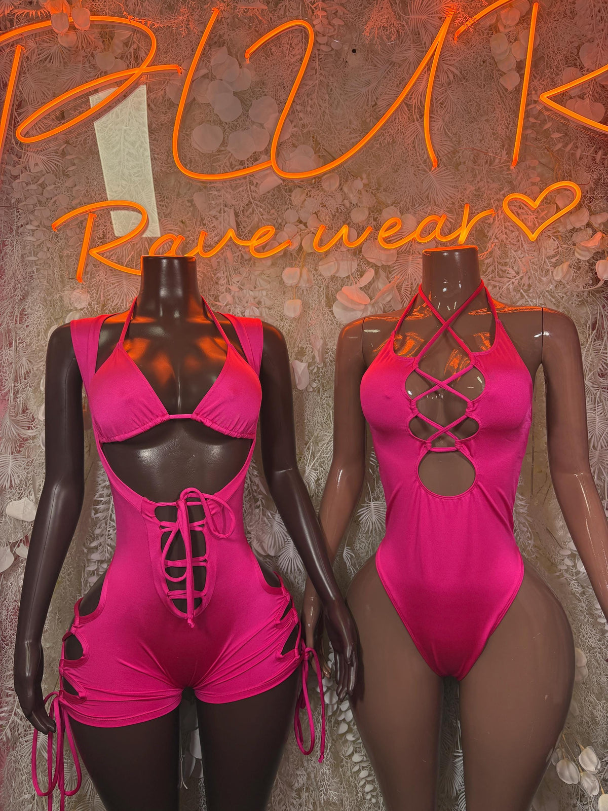 Pink halter bodysuit set showing front lace-up cutout and open back straps