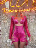 Hot pink metallic cheetah bodysuit with long sleeves, cutout sides, tie closures