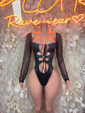 Black Leopard Print Bottlegirl Mesh Sleeve Cutout Romper Rave Festival Outfit Exotic Dancewear Bodysuit