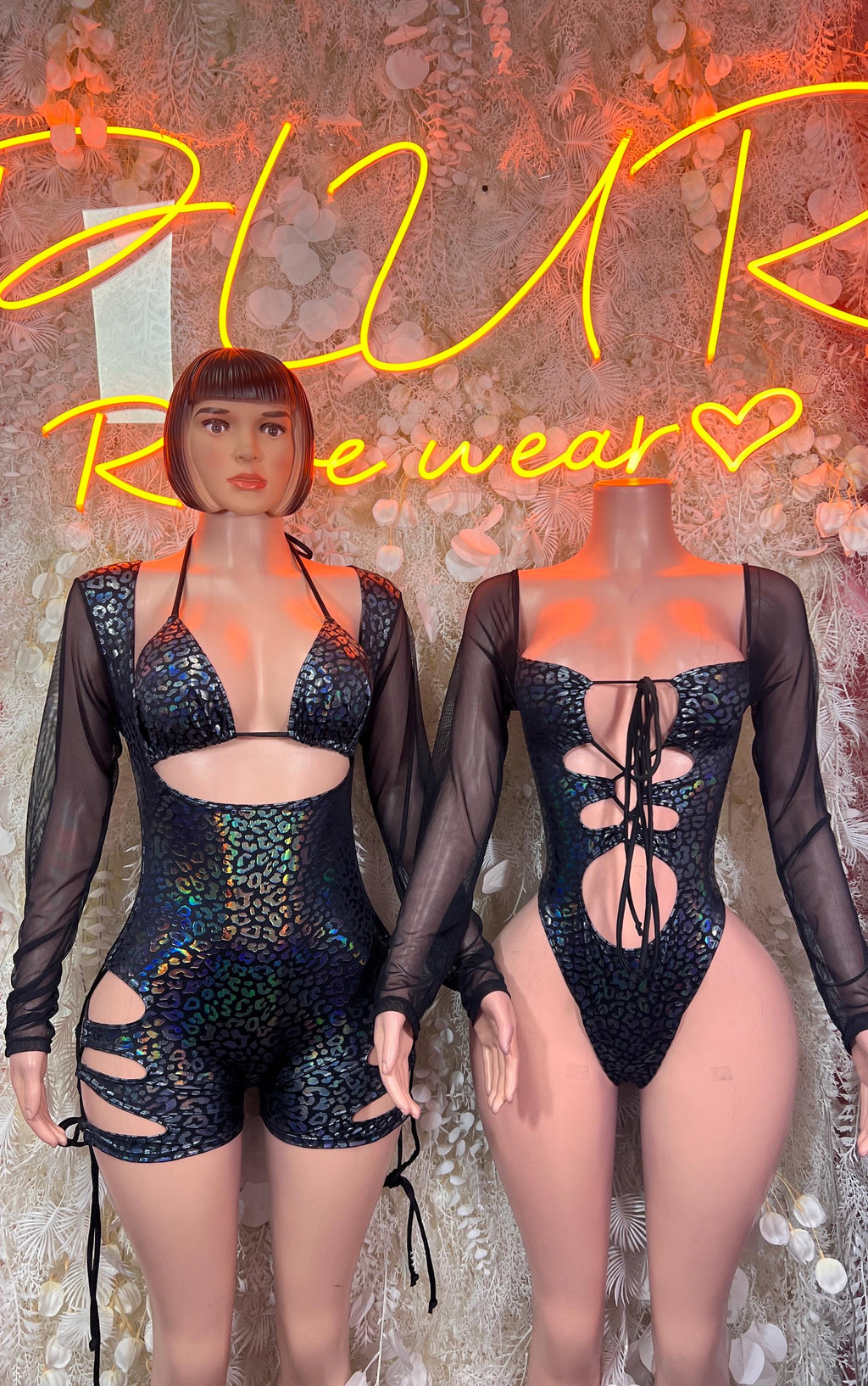 Black Leopard Print Bottlegirl Mesh Sleeve Cutout Romper Rave Festival Outfit Exotic Dancewear Bodysuit - image 3