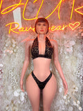 Black and gold fringe thong bikini set with halter top, front view