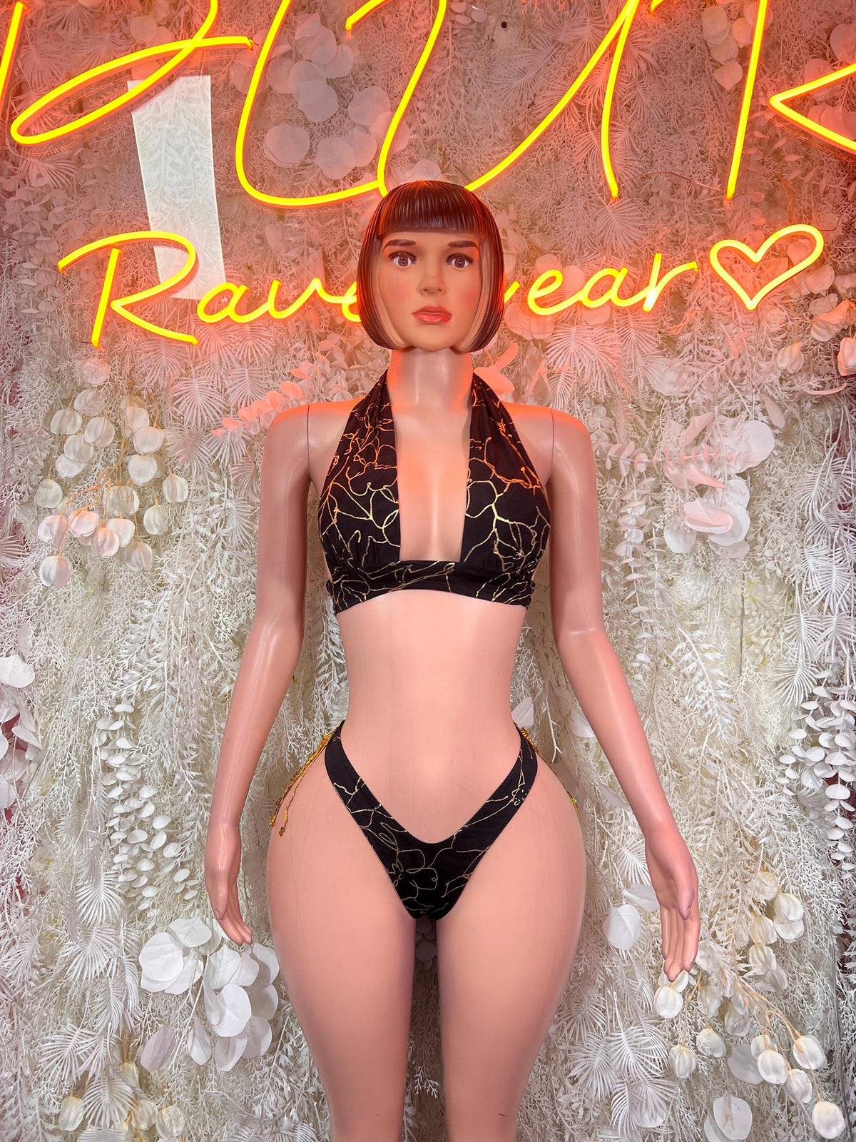 Black and gold fringe thong bikini set with halter top, front view