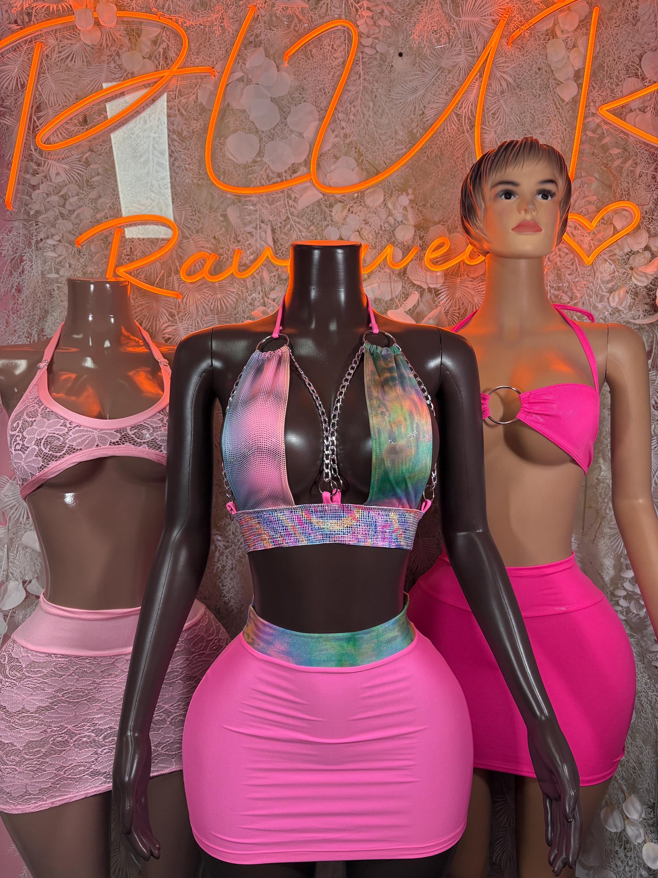Baby Pink Mesh Mini Skirt Set – Rave Festival Clubwear Exotic Dancewear Outfit Womens Clothing