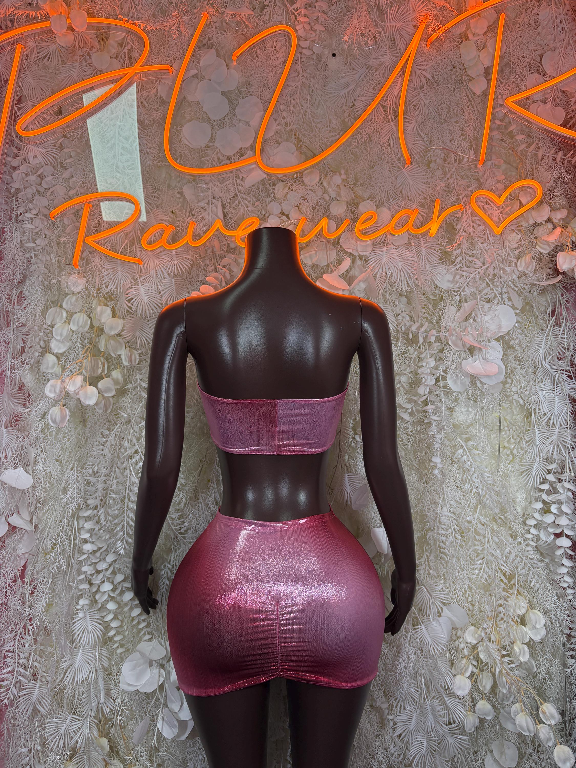 Pink Metallic Two Piece Skirt Set, Rhinestone O Ring Bandeau Top, Festival Rave Outfit