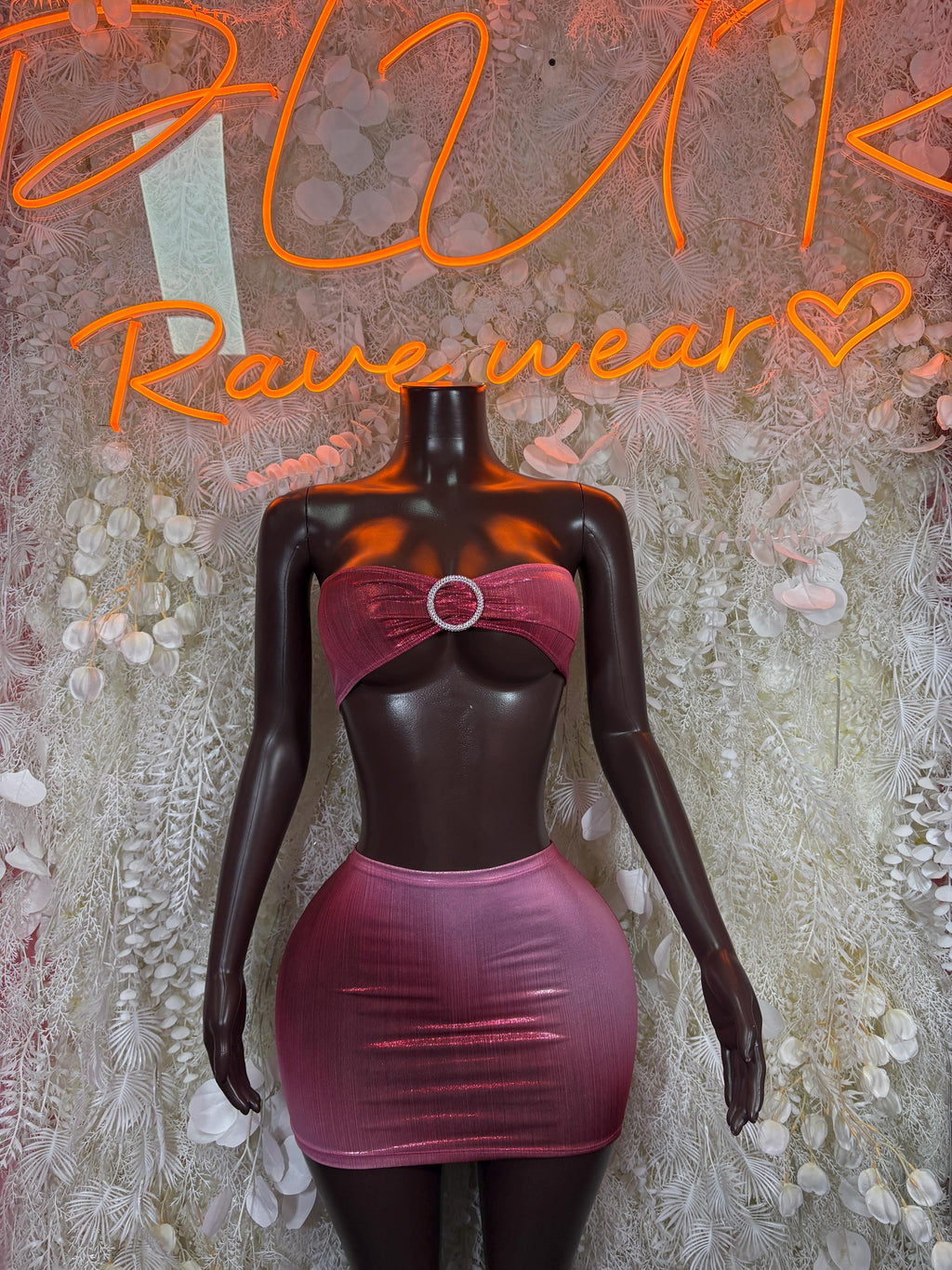 Nude Holographic Two Piece Set, Sparkly Mini Skirt, Rhinestone Bandeau Top, Festival Outfit, Rave Clothing, Clubwear, Dancewear, EDM Fashio