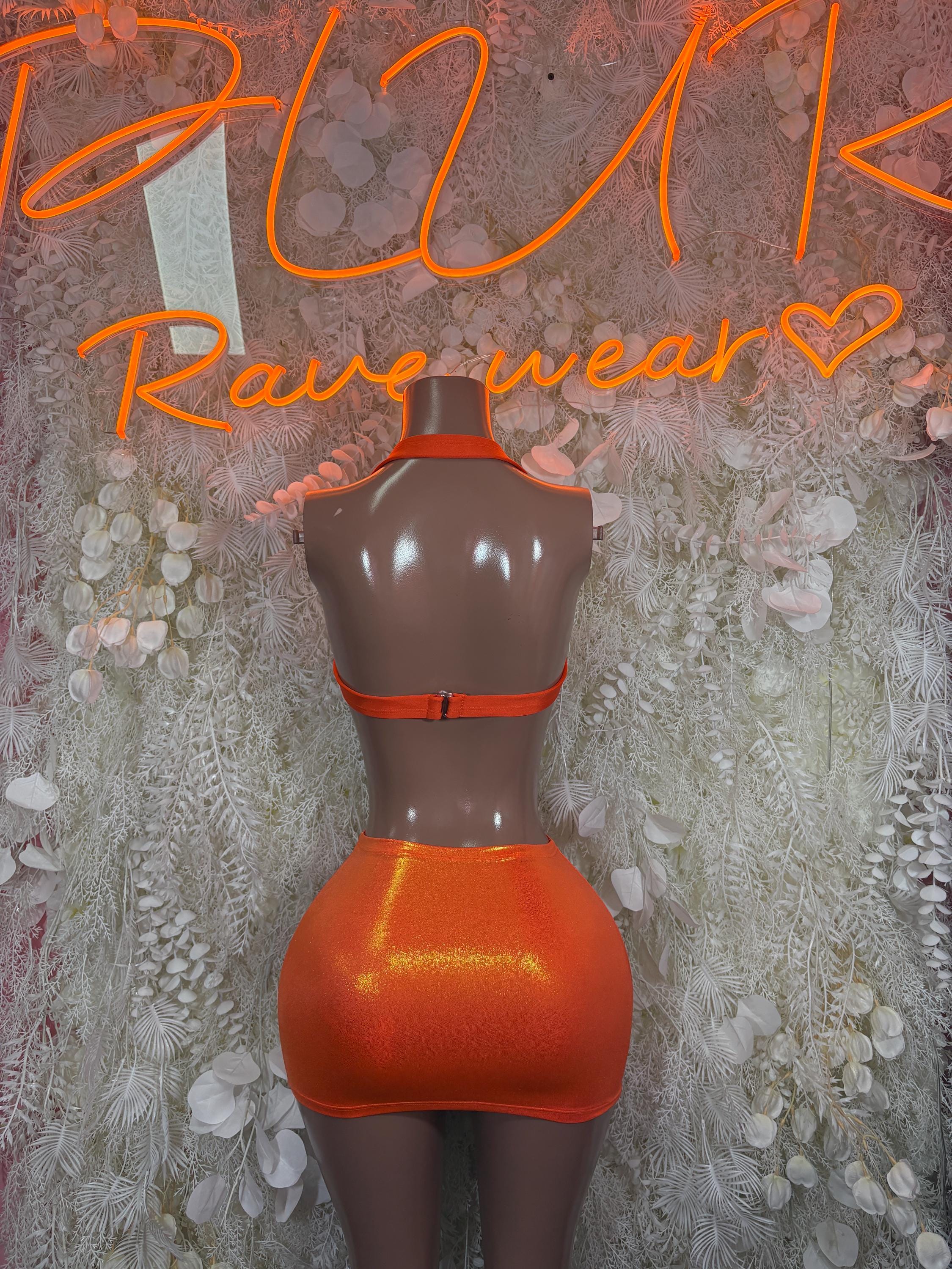 Orange Metallic Mini Skirt,Clubwear, Exotic Dancewear Dance Skirt Womens Clothing