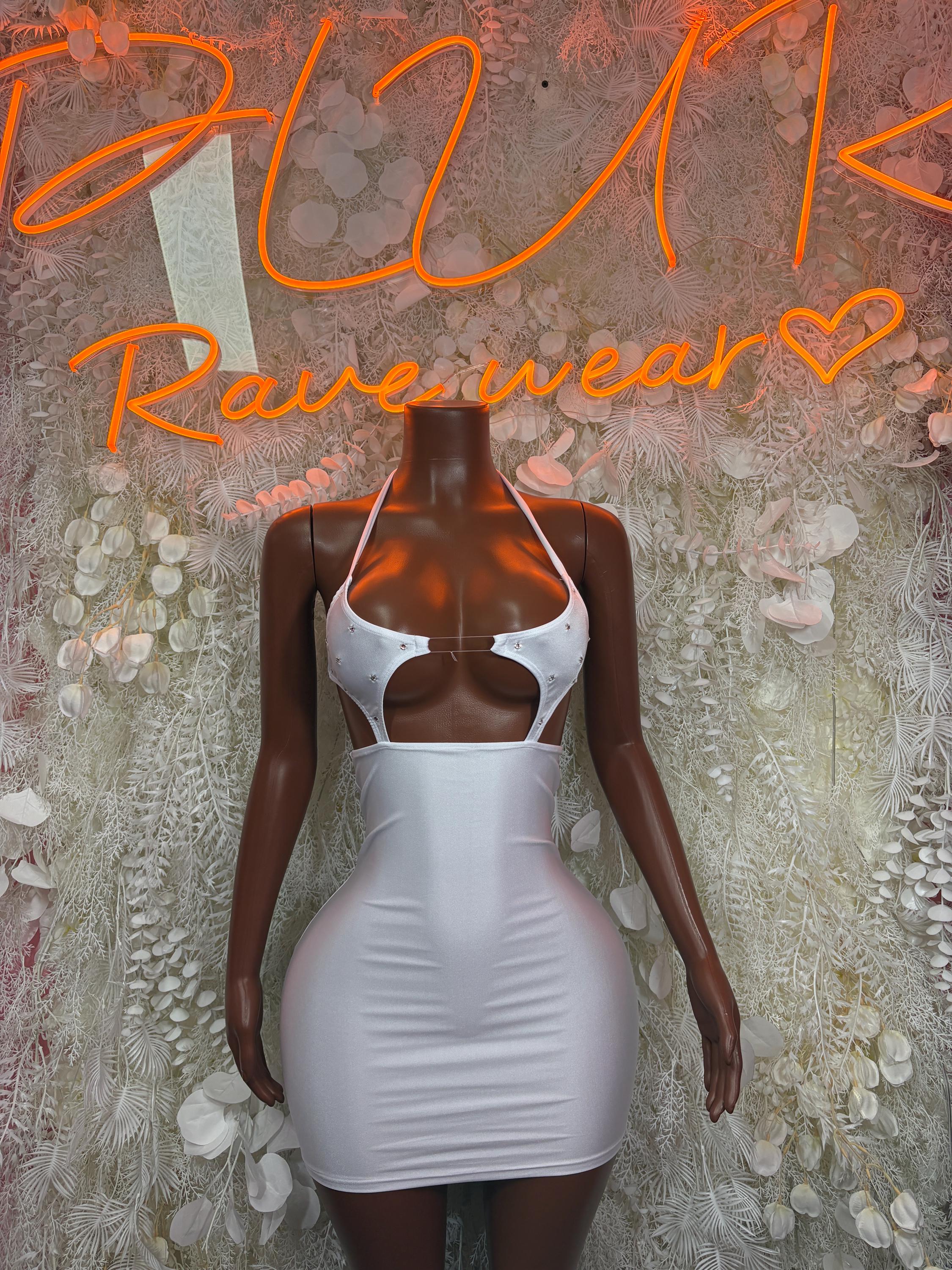 White Halter Cutout Dress: Exotic Dancewear, Club, Festival Costume, Rave Wear