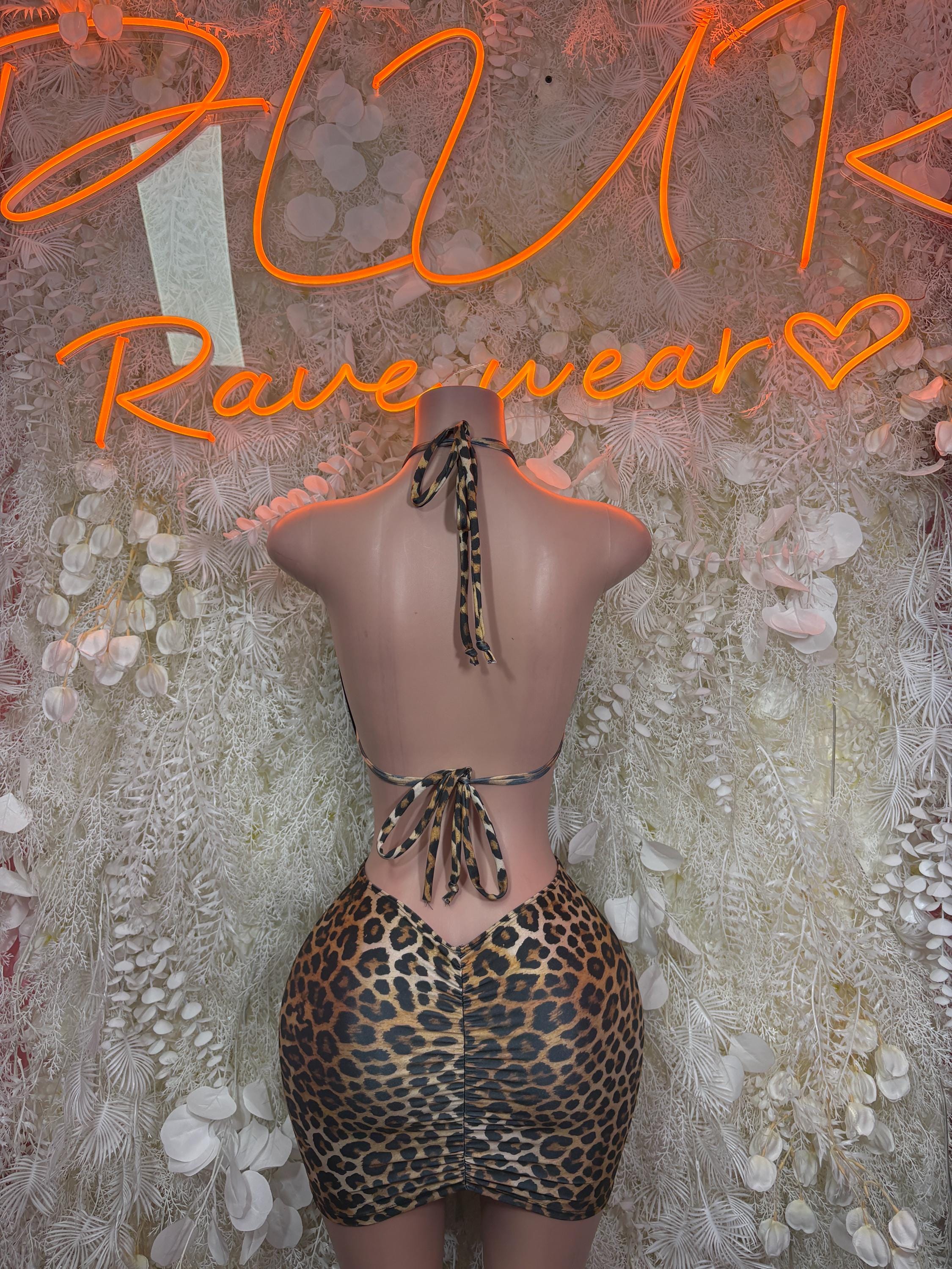 Leopard Print Ruched Mini Skirt & Rhinestone Halter Top Set – Rave Outfit