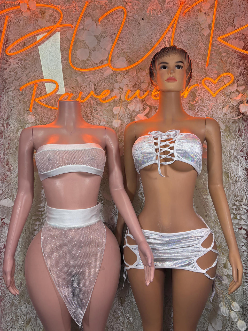 White Rhinestone Rave Outfit, Sparkly Bandeau Top Handkerchief Skirt Set