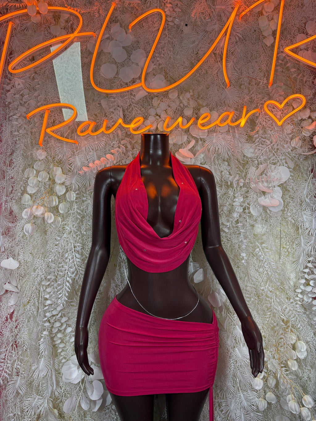 Burgundy Rhinestone Halter Top Ruched Mini Skirt Set, Rave Festival Clubwear