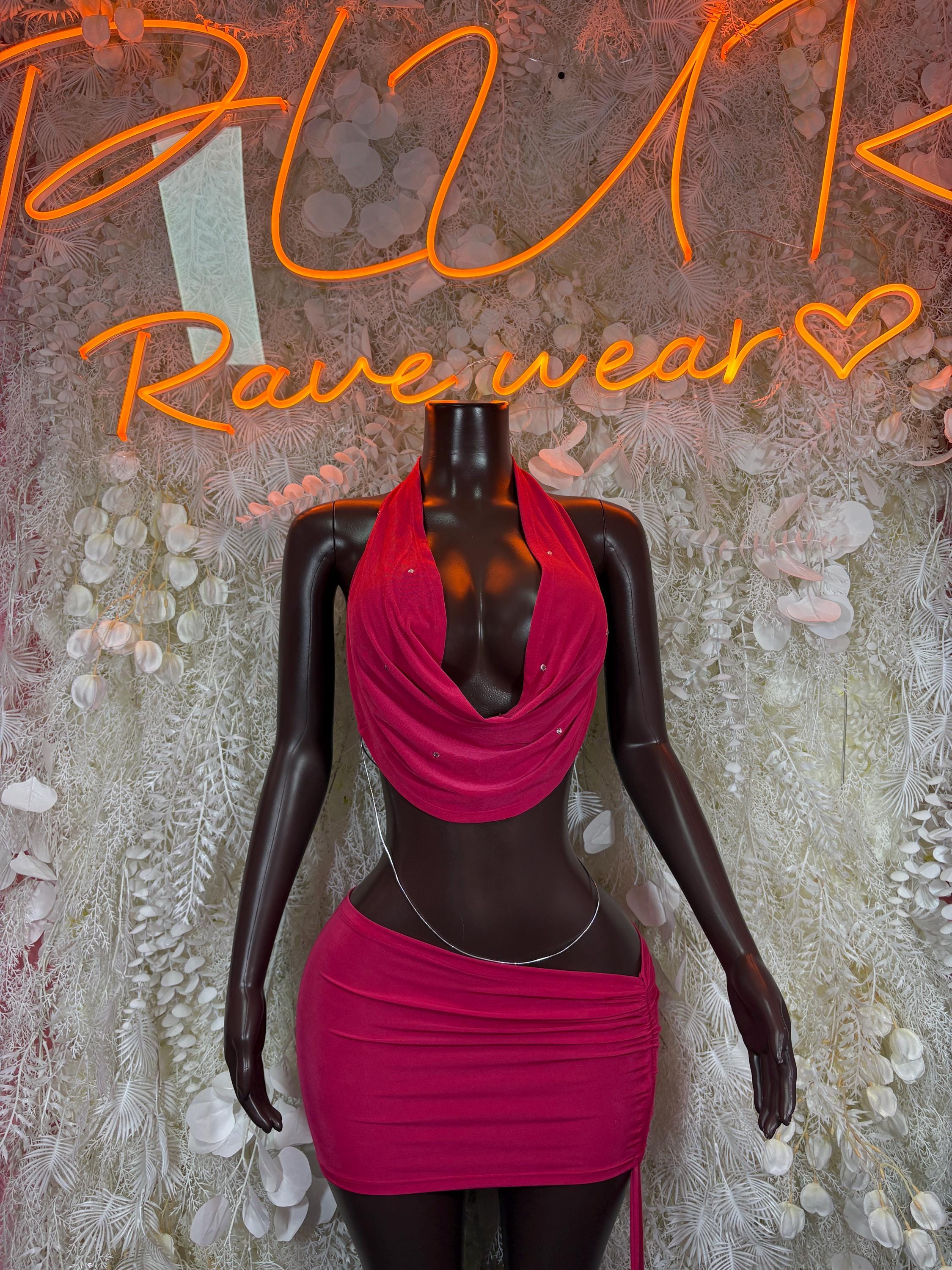 Burgundy Rhinestone Halter Top Ruched Mini Skirt Set, Rave Festival Clubwear