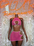 Pink Fishnet Halter Top O Ring Cutout Mini Skirt Two Piece Set