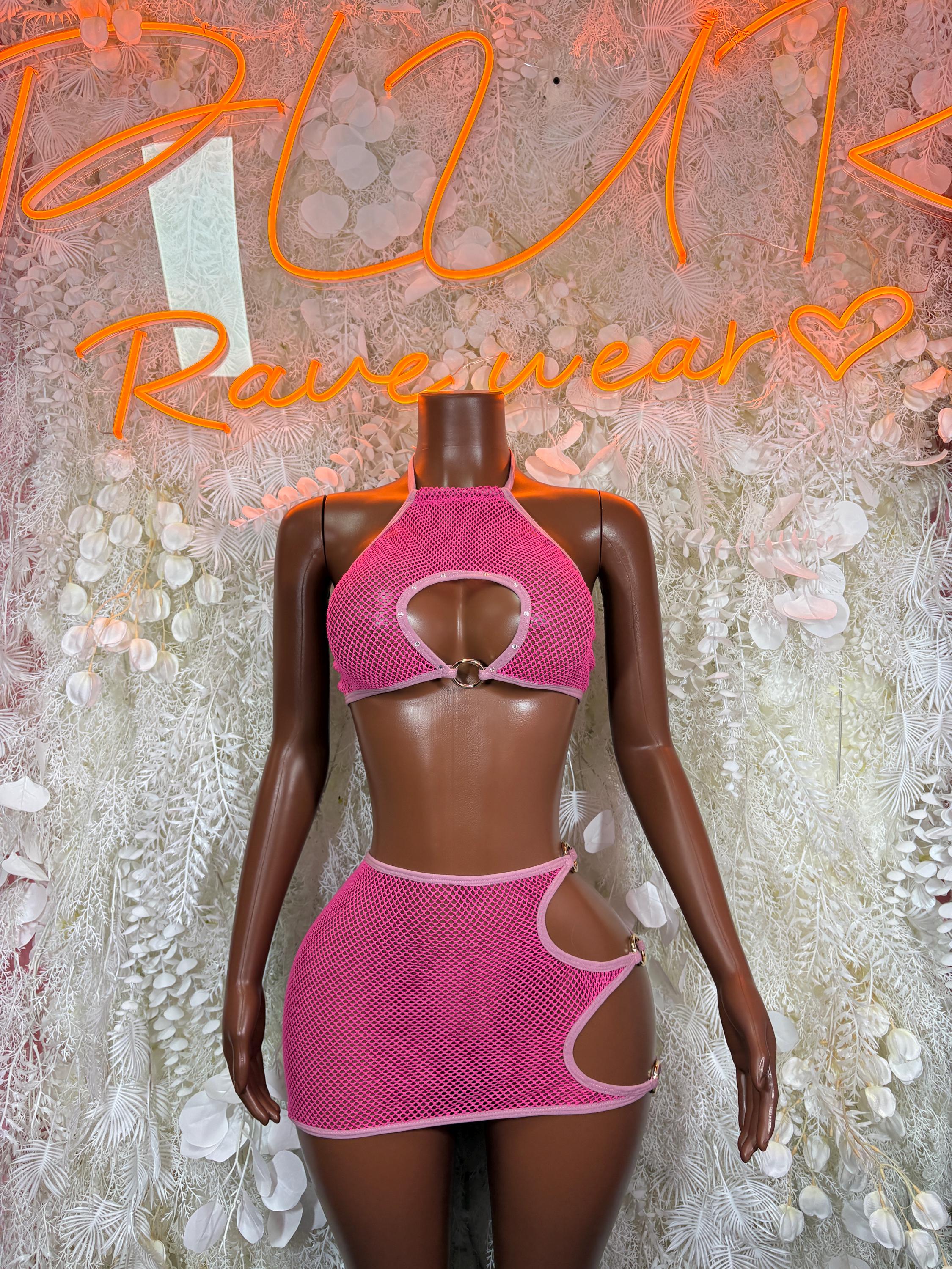 Pink Fishnet Halter Top O Ring Cutout Mini Skirt Two Piece Set