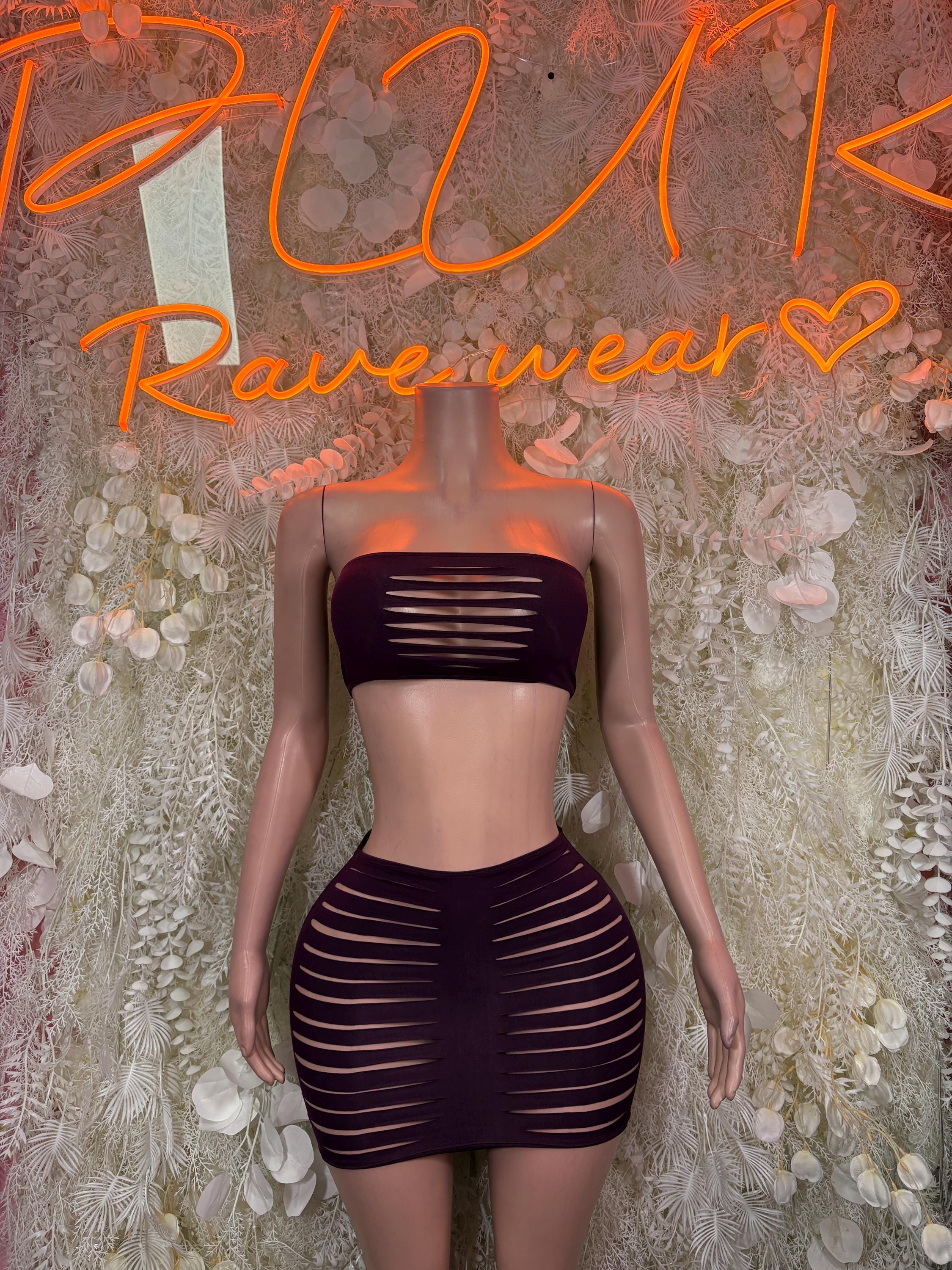 Purple Cutout Rave Set – Strapless Top & Skirt Festival Outfit