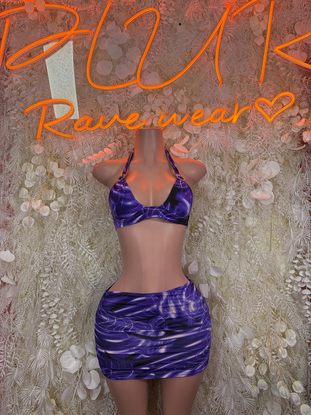 Purple Swirl Rave Halter Top & Skirt Set – Festival Clubwear Costume