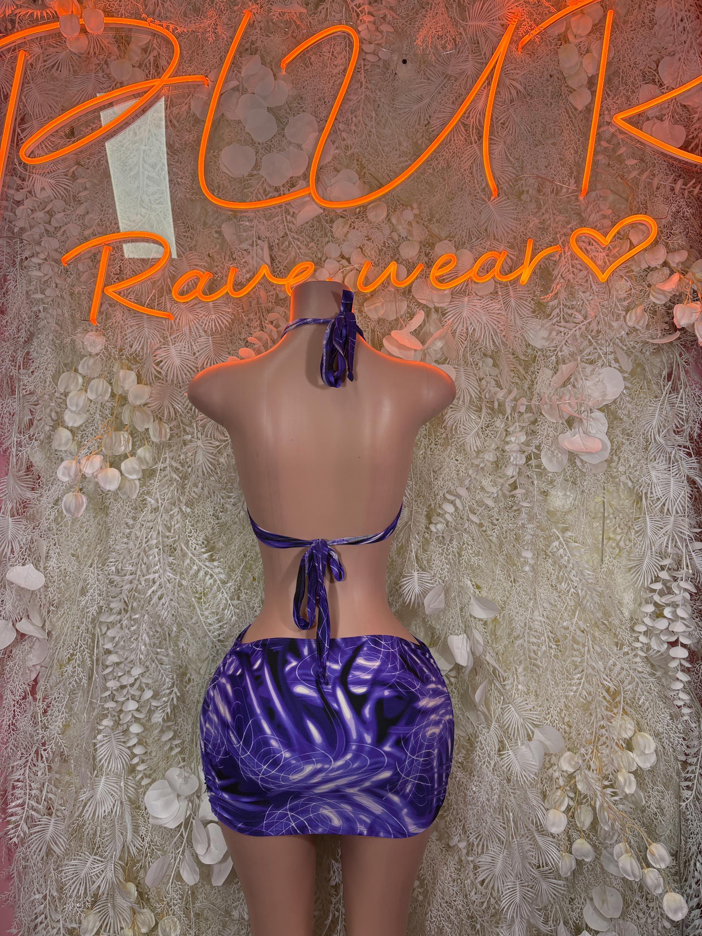 Purple Swirl Rave Halter Top & Skirt Set – Festival Clubwear Costume