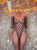 Black long-sleeve fishnet bodysuit with diamond pattern, scoop neckline and thong cut
