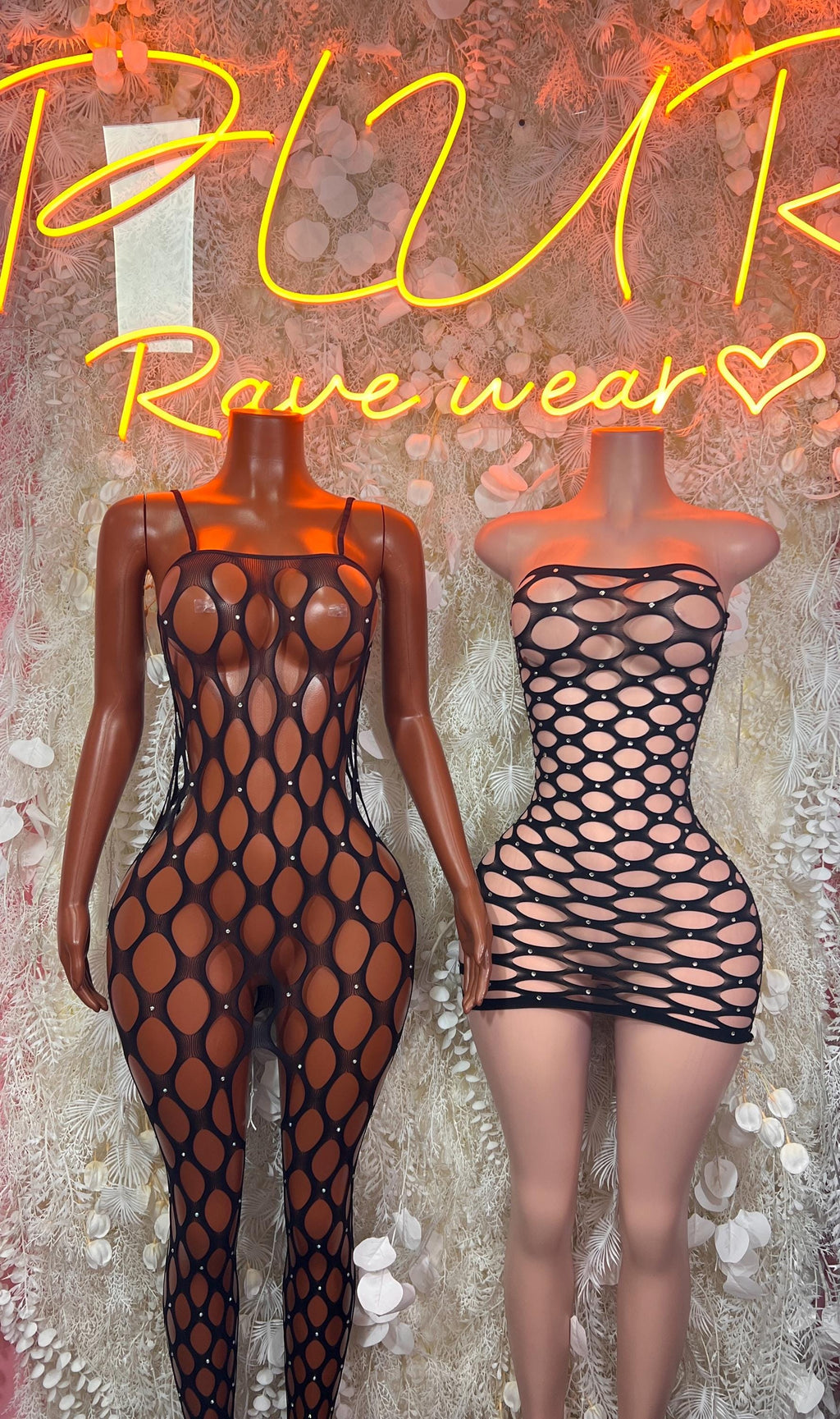 Black sheer fishnet bodysuit set: one long, one short, on two mannequins