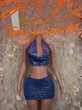 Metallic blue halter crop top and mini skirt set with ruched drape
