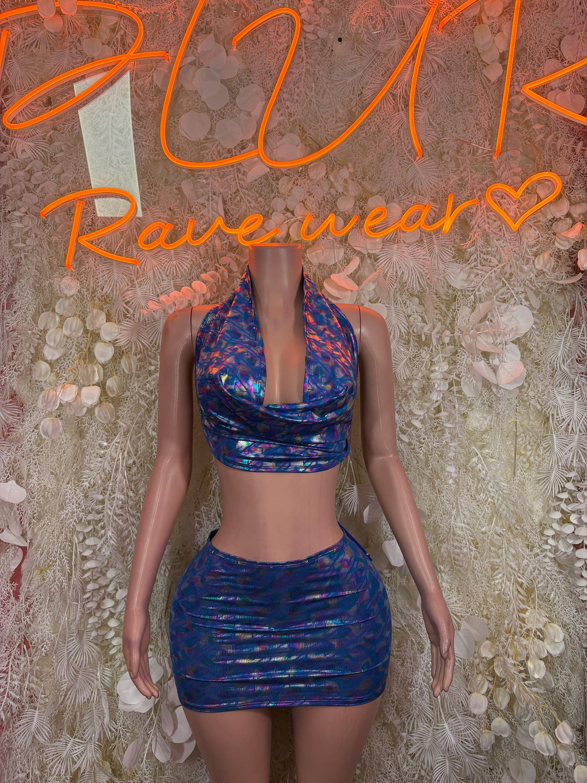 Metallic blue halter crop top and mini skirt set with ruched drape