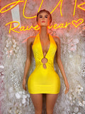 Yellow halter mini dress with O-ring cutout, sleeveless plunge V neckline