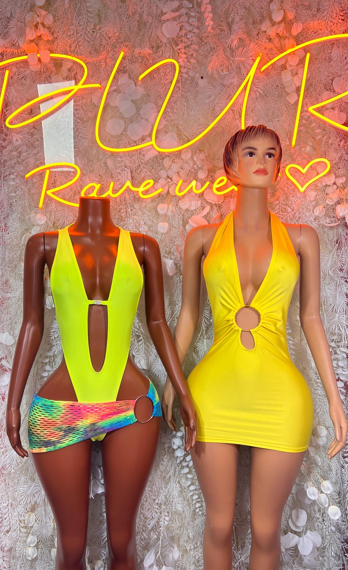 Yellow halter mini dress with O-ring front cutout, plunging V halter neckline