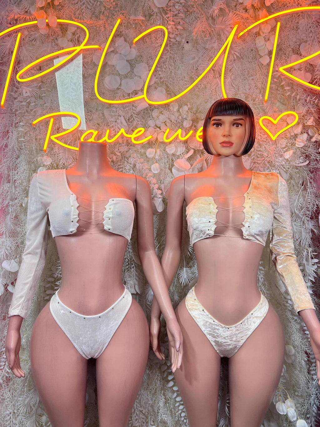Champagne Gold Crushed Velvet One Shoulder Lace-Up Crop Top High Cut Bottom Rave Set - image 3