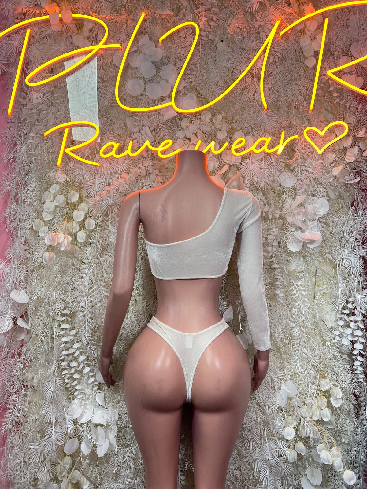 Champagne Gold Crushed Velvet One Shoulder Lace-Up Crop Top High Cut Bottom Rave Set - image 2
