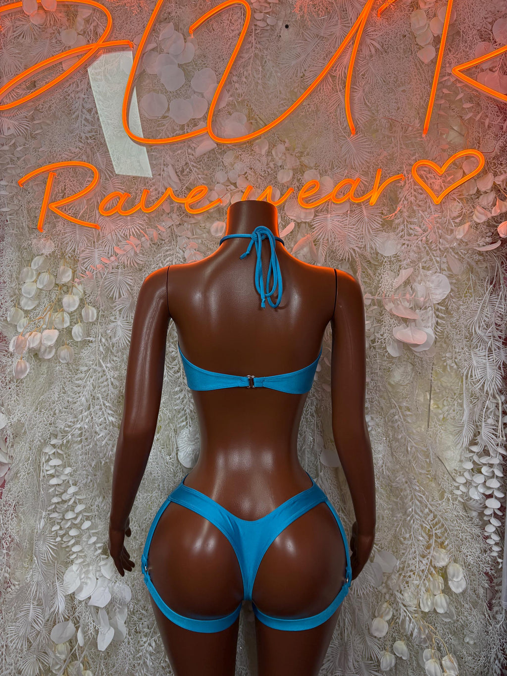 Blue metallic high-cut thong with halter back strap and crisscross waistband ties
