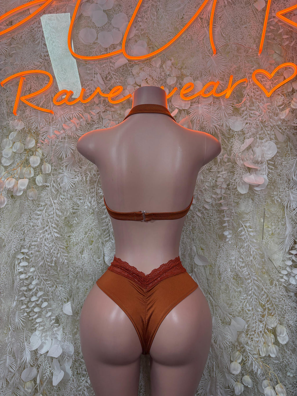 Lace halter crop top and thong set, back view with lace straps