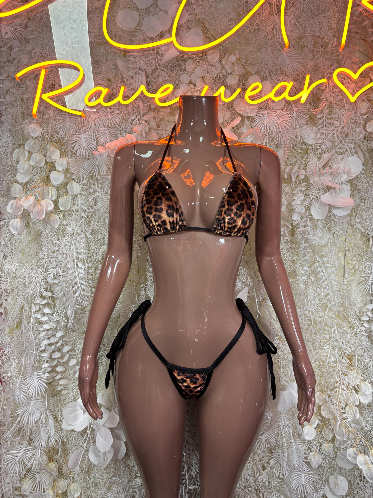 Leopard Print Chain Bikini Set: Halter Micro Thong Ravewear Two Piece