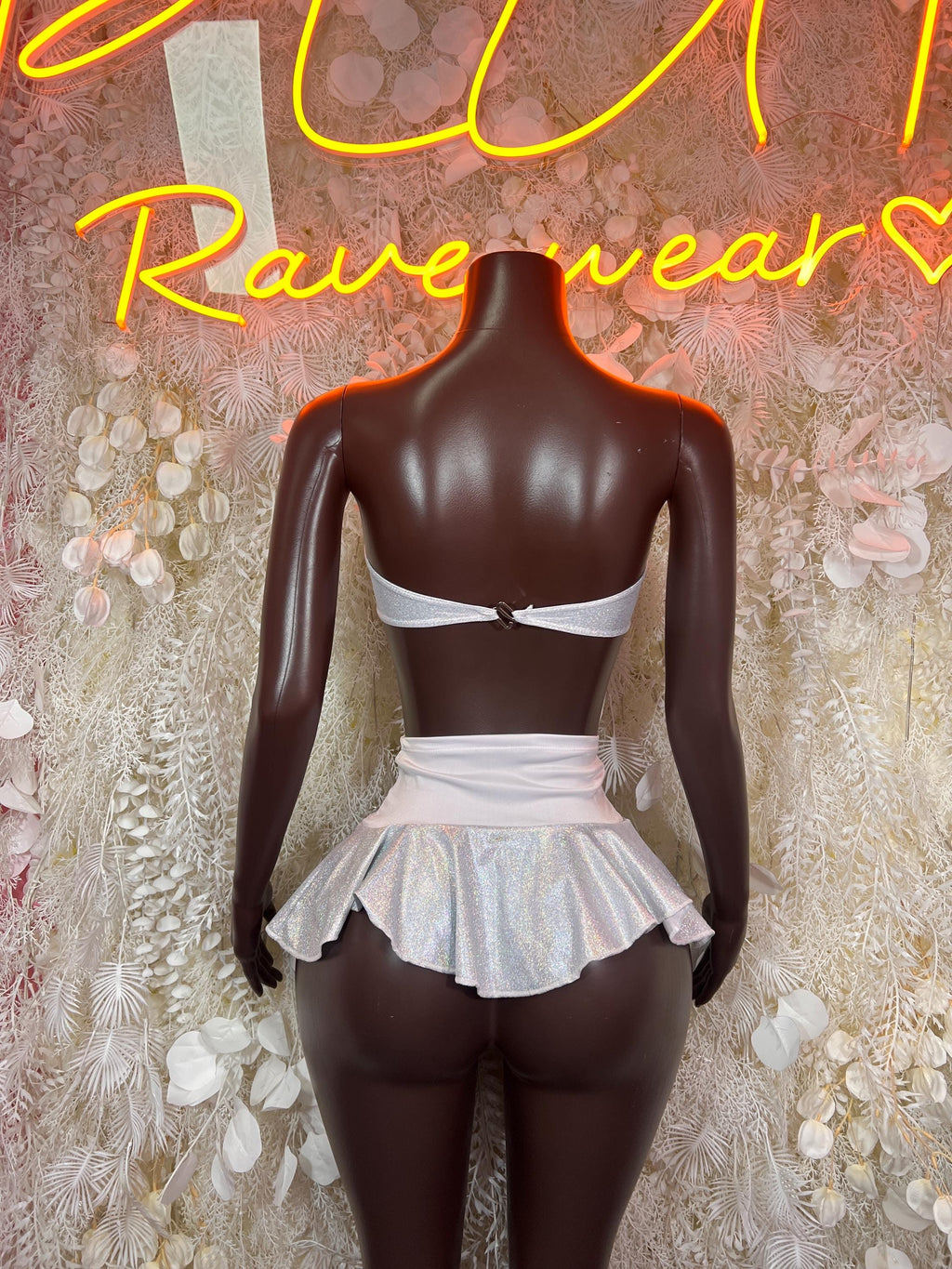 White Holographic Lace Up Bandeau Top Ruffle Micro Skirt Set Rhinestone Rave Dancewear - image 2