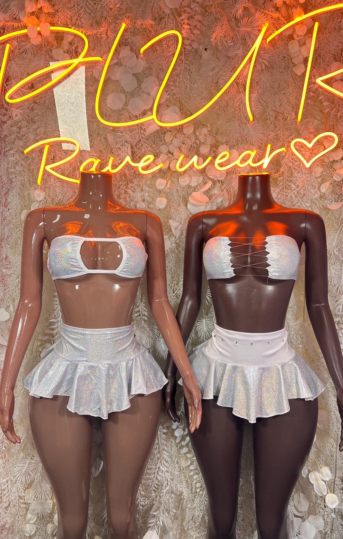 White Holographic Lace Up Bandeau Top Ruffle Micro Skirt Set Rhinestone Rave Dancewear - image 3