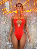 Bottlegirl orange keyhole one-piece bodysuit with deep V neckline and high-cut leg