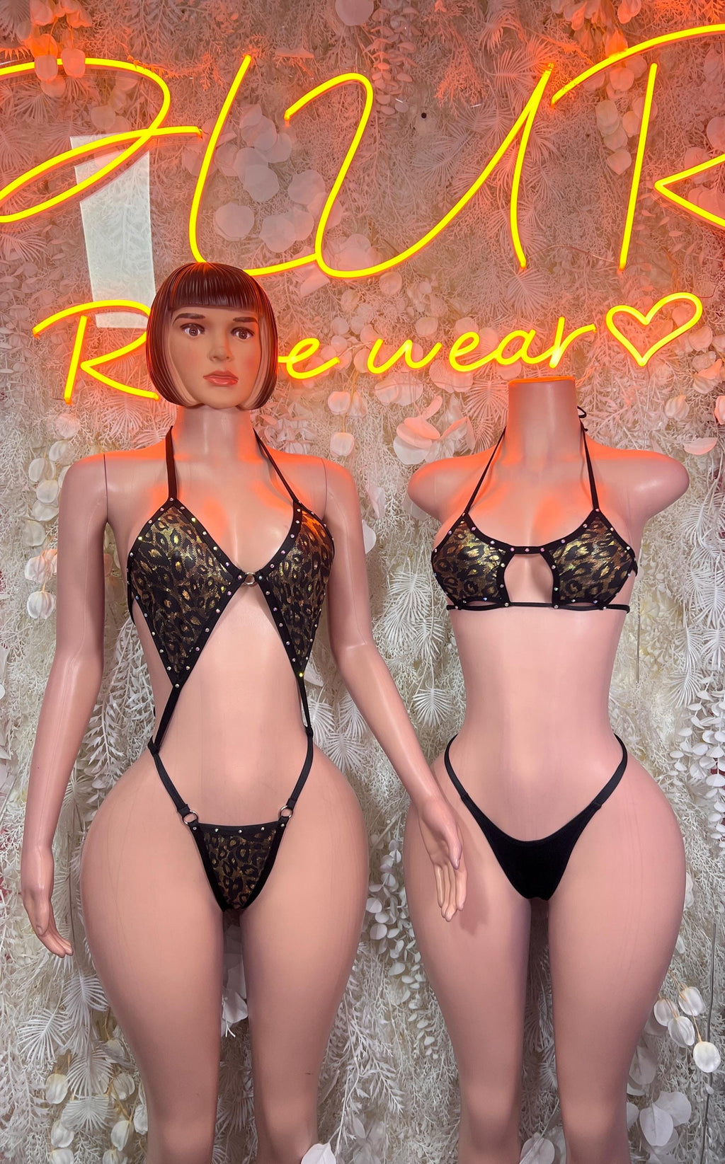 Black Gold Leopard Print Rhinestone Slingshot Bodysuit – Rave Festival Monokini One Piece Outfit - image 3