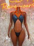 Blue leopard print monokini bodysuit with black strappy underwire cups