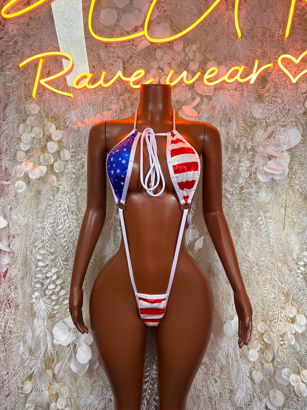 American Flag Labor Day Slingshot Bodysuit – Patriotic Rave Festival Exotic Dancewear Bartender Costume