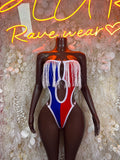 American Flag Labor Day Halter Stars and Stripes Bodysuit – Patriotic Rave Festival Exotic Dancewear